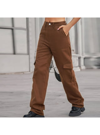 Cargo Pants Women, Solid Color Low-Waist Loose Fit Casual Straight Jeans  Trousers with Multi-Pockets,Gray/Black/Brown