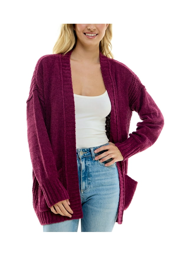 Juniors' Chenille Open-Front Patch-Pocket Cardigan Magenta Purple M