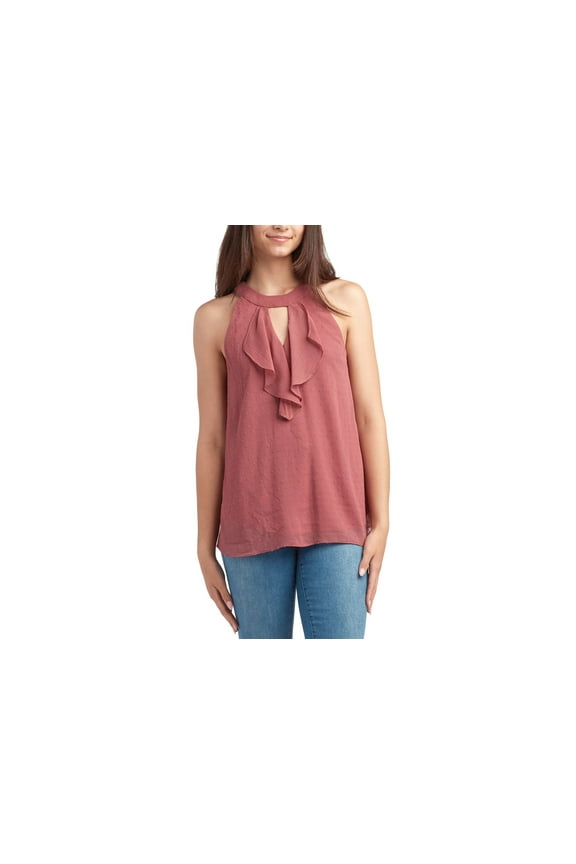 Juniors' Clip-Dot Ruffle-Front Sleeveless Top Mauve XL