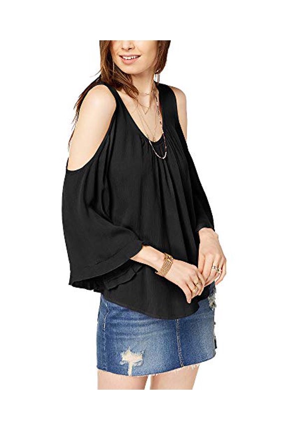 Juniors' Cold-Shoulder Ruffle-Sleeved Blouse Black L