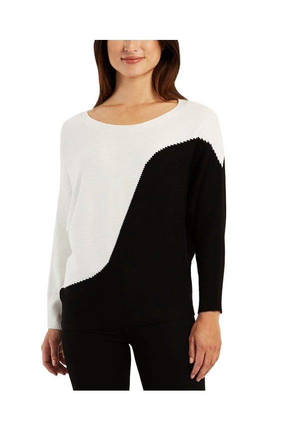 Juniors' Colorblocked Ribbed Dolman-Sleeve Sweater Black/White XL