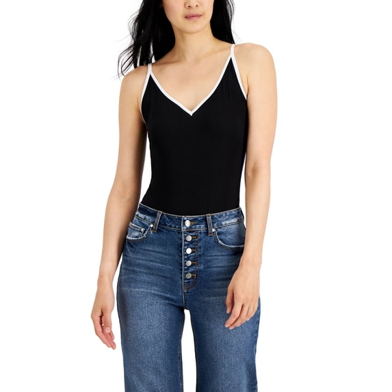 Juniors' Contrast-Trim Ribbed Bodysuit Black XS