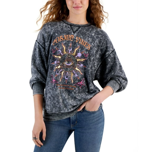 Juniors' Cosmic Vibes Crewneck Sweatshirt Black Mineral Wash XS