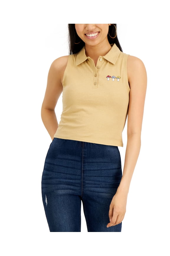 Planet Gold Juniors' Cotton Embroidered Polo Tank Top Incense Mushroom L B4HP