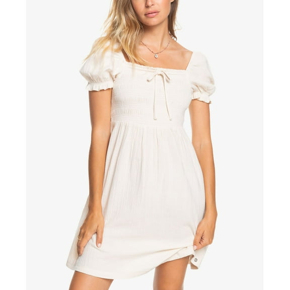 Juniors' Cotton Hello Mini Again Smocked A-Line Dress Tapioca S