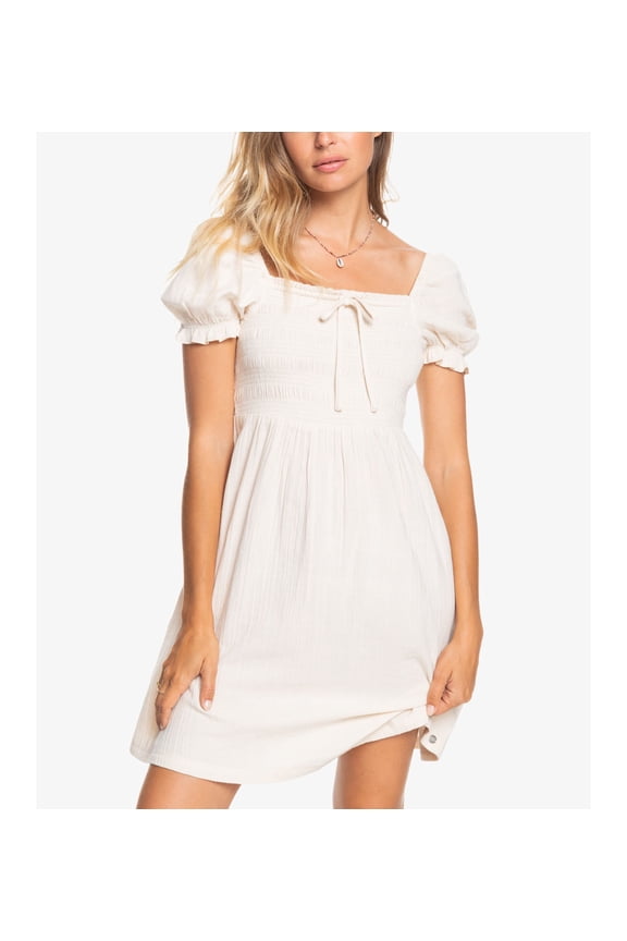 Juniors' Cotton Hello Mini Again Smocked A-Line Dress Tapioca S