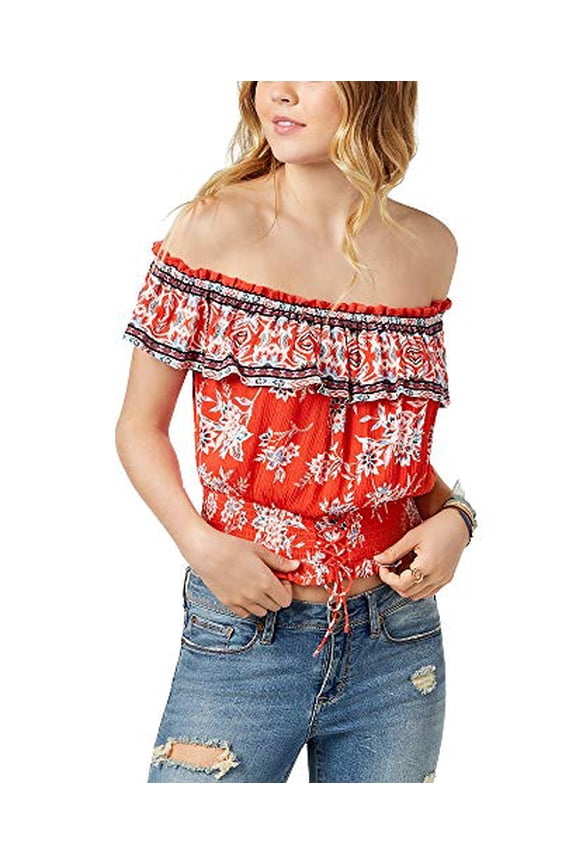 Juniors' Cotton Smocked Off-The-Shoulder Top Tropical Punch L