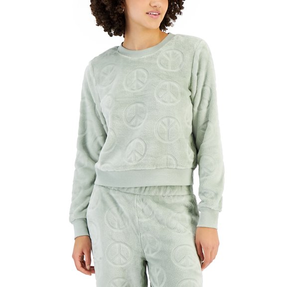 Juniors' Cozy Faux-Fur Embossed Crewneck Sweatshirt Desert Sage Peace Sign M