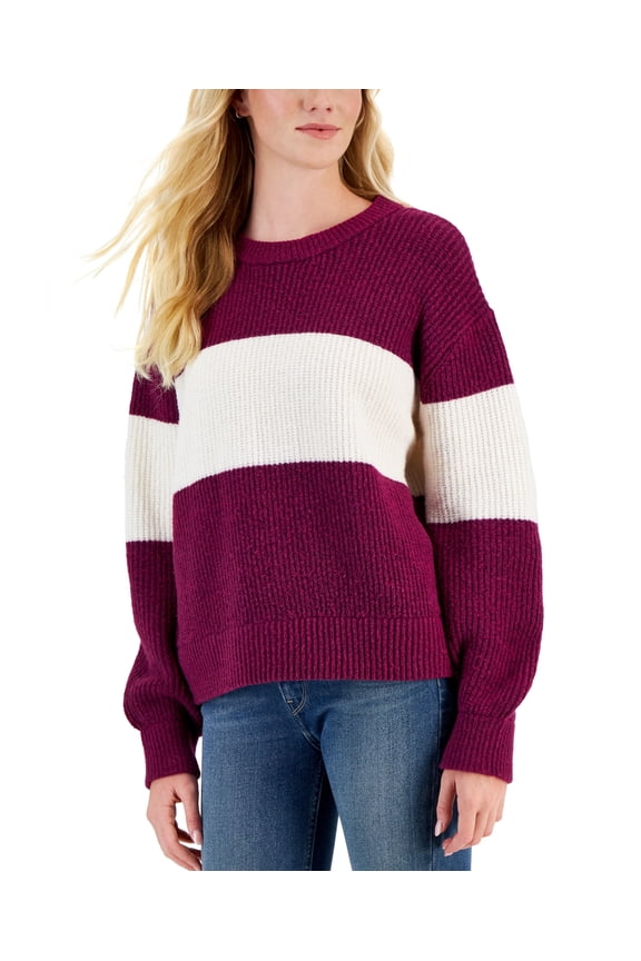 Juniors' Crewneck Balloon-Sleeve Sweater Raspberry Wine Combo L