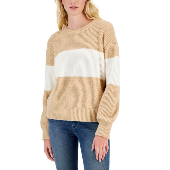 Juniors' Crewneck Balloon-Sleeve Sweater Wheat Combo S