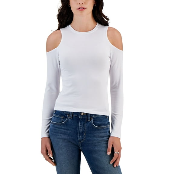 Juniors' Crewneck Cold-Shoulder Ribbed Top White M