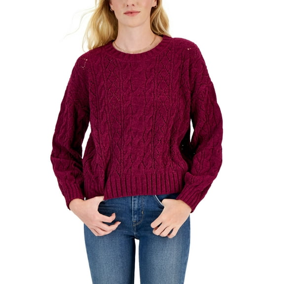Juniors' Crewneck Cozy Chenille Cable-Knit Sweater Raspberry Wine S