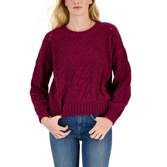 Juniors' Crewneck Cozy Chenille Cable-Knit Sweater Raspberry Wine S