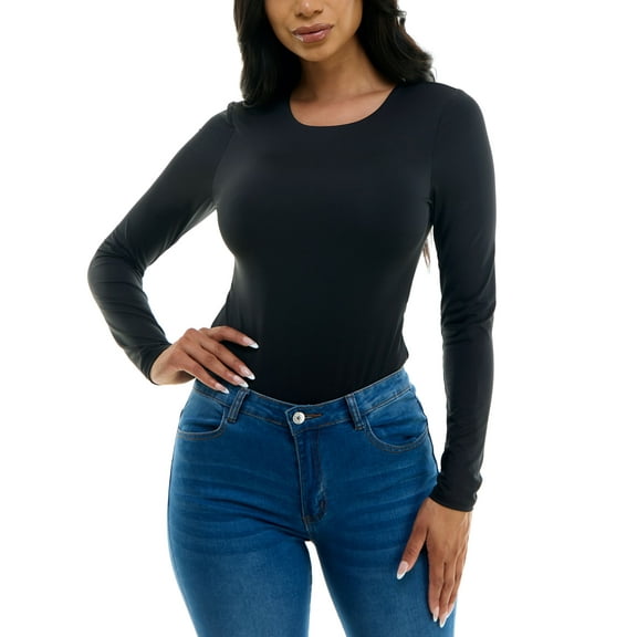 Juniors' Crewneck Long-Sleeve Bodysuit Black XS