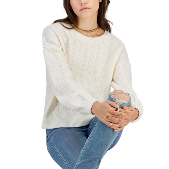 Juniors' Crewneck Pointelle-Knit Sweater Blizzard White L