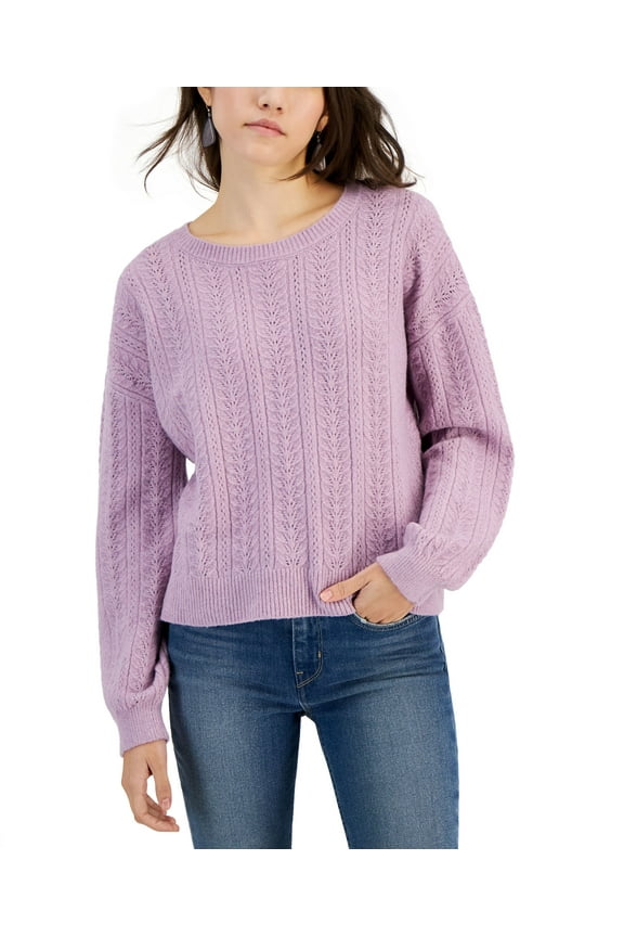 Juniors' Crewneck Pointelle-Knit Sweater Lilac Moon XL