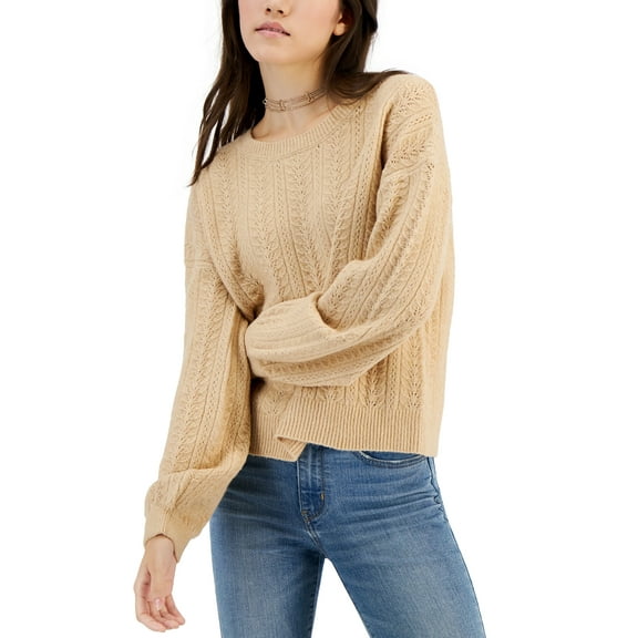 Juniors' Crewneck Pointelle-Knit Sweater Vintage Wheat XS