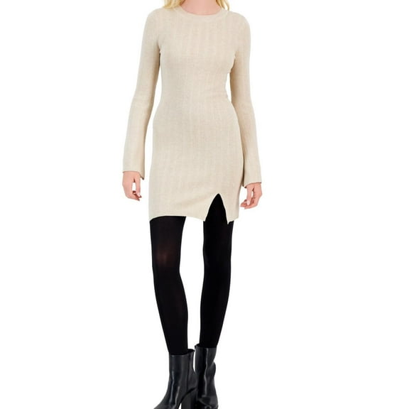 Hippie Rose Womens Ribbed Side Slit Above-Knee Sweater Dress, Beige, Small