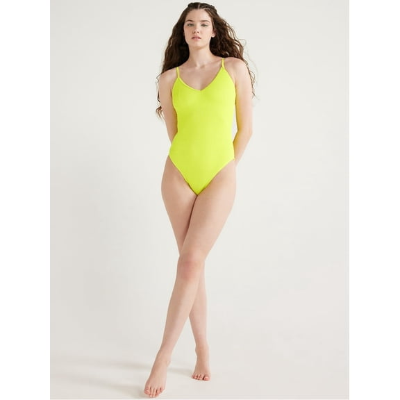 Juniors Crinkle One Piece Swimsuit, Size S Electric Green