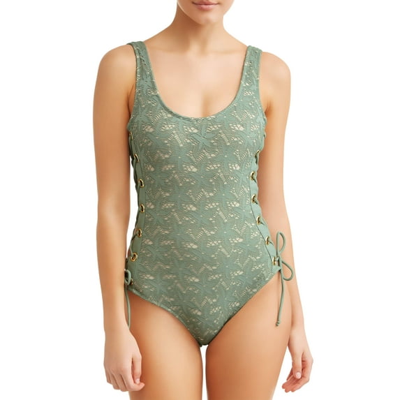 Juniors' Crochet Lace Up One Piece Swimsuit