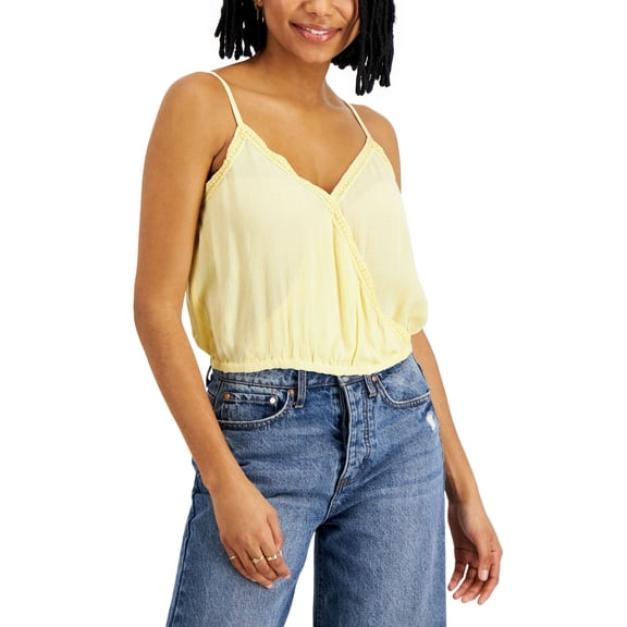 Juniors' Crochet-Trim Top Pastel Yellow M