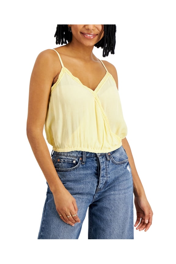 Juniors' Crochet-Trim Top Pastel Yellow M