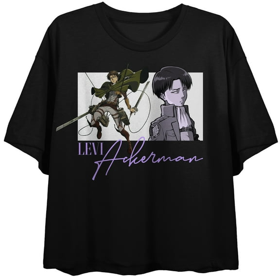 Attack on Titan: Season 1 Levi Ackerman, Frame, Text on Black Short Sleeve Adult Crop T-Shirt-Small