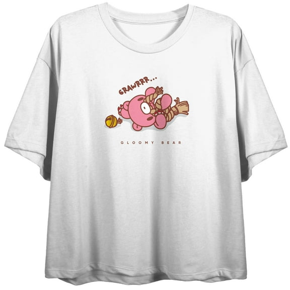 Gloomy Bear Pink Bear Biting a Rope, Bell, Grawrr Text on White Short Sleeve Adult Crop T-Shirt-XXL