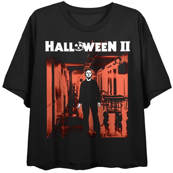 Halloween II Logo, Michael Myers on reddish hospital background on Black Short Sleeve Adult Crop T-Shirt-Medium