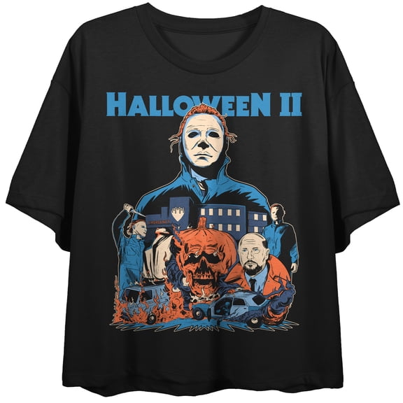 Halloween II Michael Myers, Samuel Loomis, Pumpkin skull, City and Cars Illustration style on Black Short Sleeve Adult Crop T-Shirt-XL
