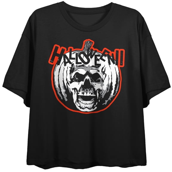 Halloween II Pumpkin skull and Halloween II text on Black Short Sleeve Adult Crop T-Shirt-XS