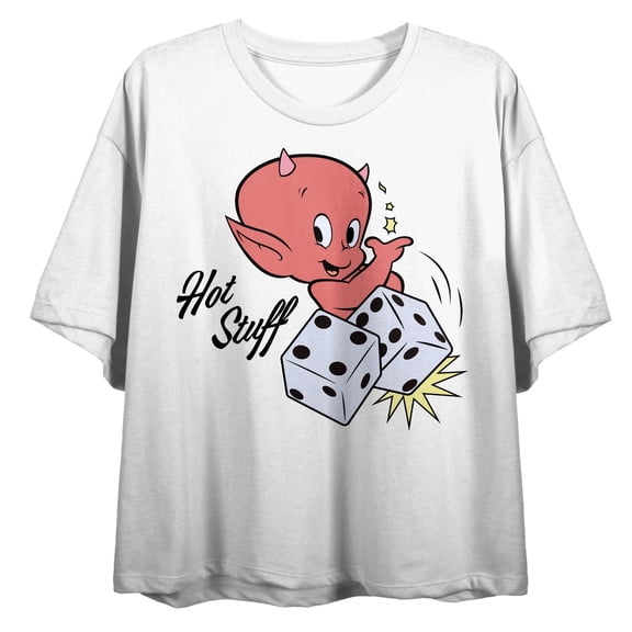 Hot Stuff Racing Team Devil and Dice with Rhinestones on White Short Sleeve Adult Crop T-Shirt-Large
