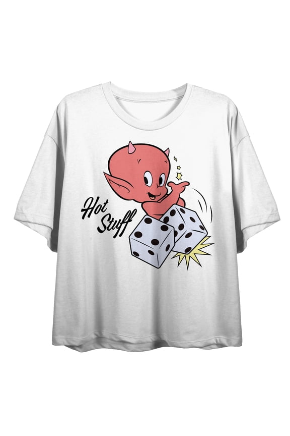 Hot Stuff Racing Team Devil and Dice with Rhinestones on White Short Sleeve Adult Crop T-Shirt-XS