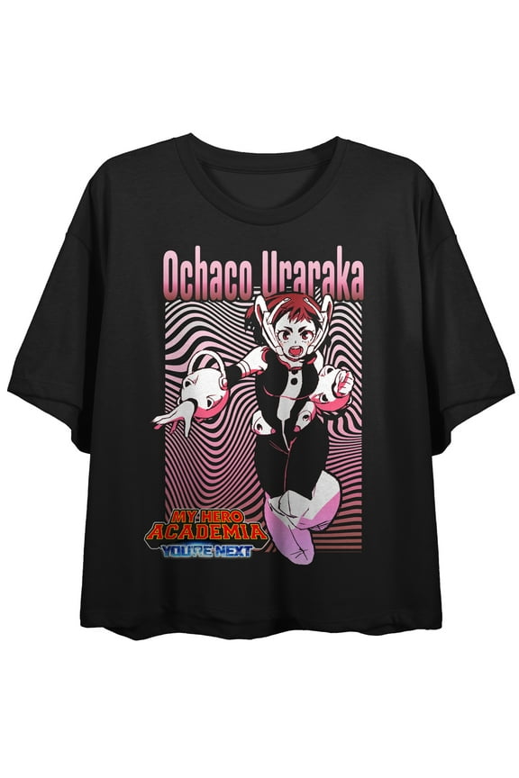 My Hero Academia: You're Next (Movie 4) Ochaco Uraraka fight pose, wavy lines Pink lines bg, logo on Black Short Sleeve Adult Crop T-Shirt-XS