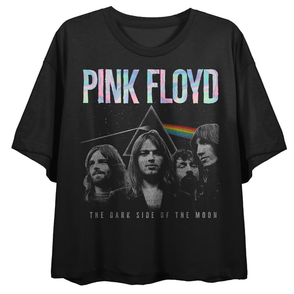 Pink Floyd Distressed Group Shot Prism on Black Short Sleeve Adult Crop T-Shirt-Large