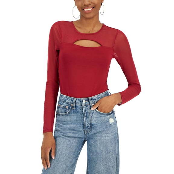 Juniors' Cutout Illusion Mesh Bodysuit Rhubarb M