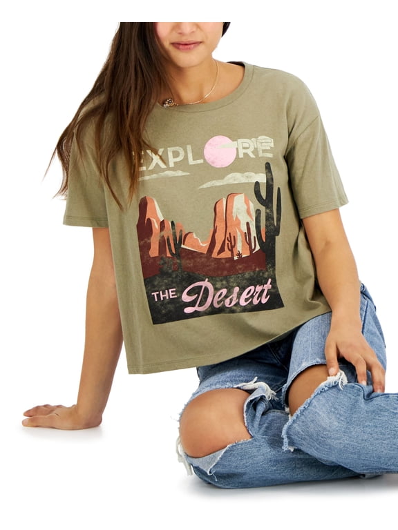 Juniors' Desert Graphic-Print Cotton T-Shirt Gray/Green XL