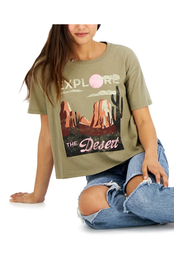 Juniors' Desert Graphic-Print Cotton T-Shirt Gray/Green XL
