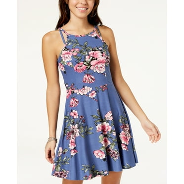 Juniors' Double-Strap Fit & Flare Dress Light Blue Floral L