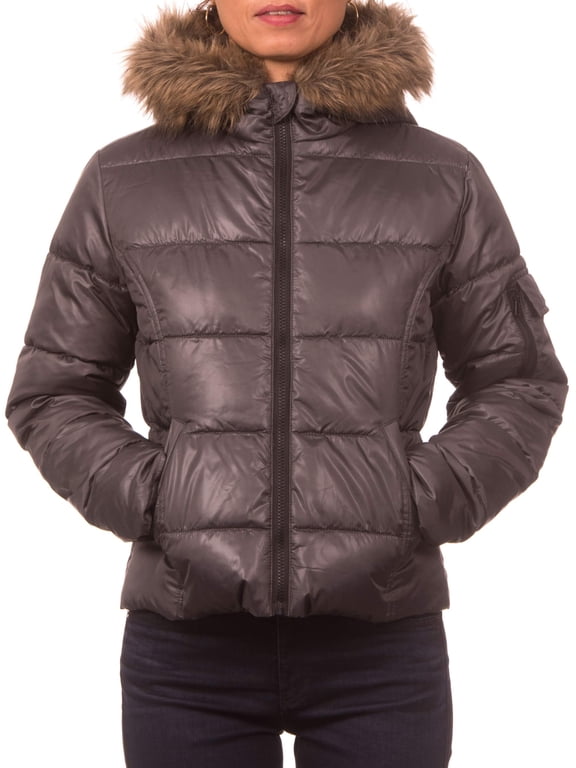 Juniors Down Blend Hooded Puffer Jacket with Faux Fur Rim