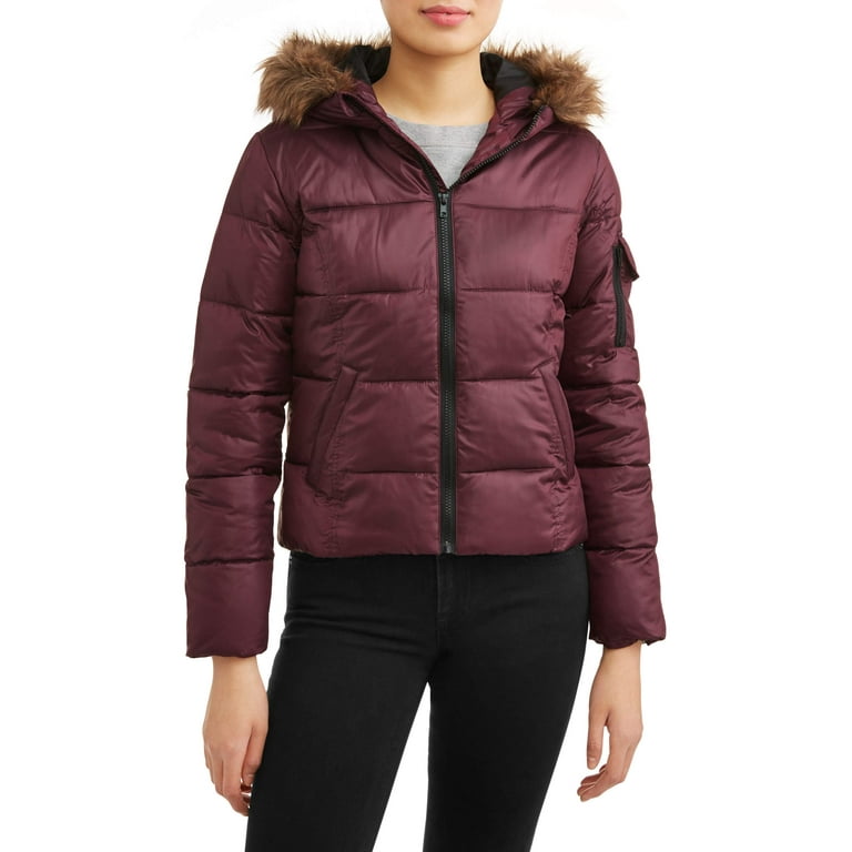 Juniors Down Blend Hooded Puffer Jacket with Faux Fur Rim