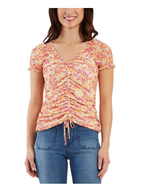 Juniors' Drawstring-Front Cap-Sleeve Top Tropical Floral L