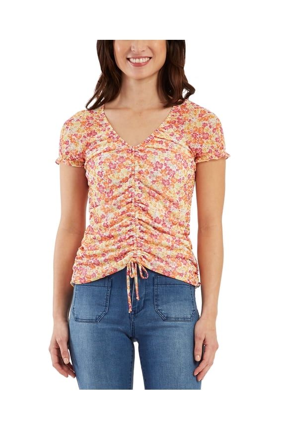 Juniors' Drawstring-Front Cap-Sleeve Top Tropical Floral XL
