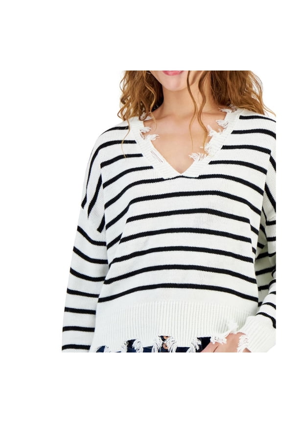 Juniors' Drop-Shoulder Distressed-Edge Sweater Black Ivory Stripe L