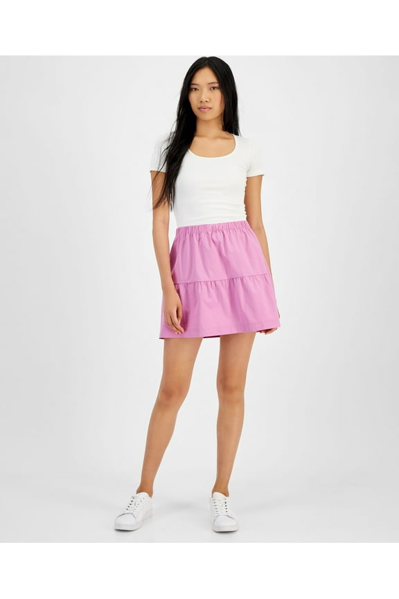 Juniors' Elasticized-Waist Poplin Tiered Mini Skirt Groovy Pink L