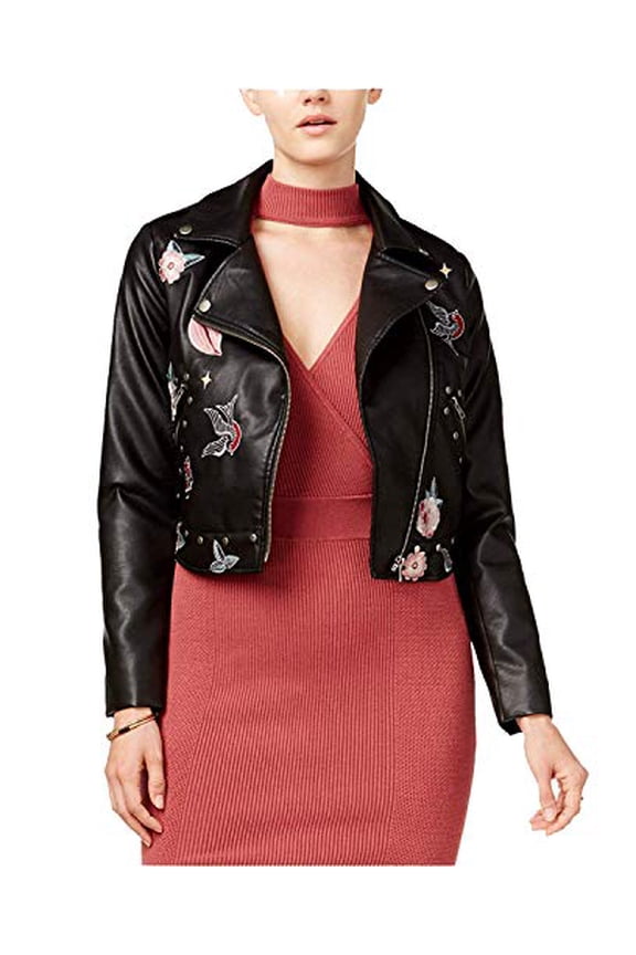 Juniors' Embroidered Moto Jacket Black L