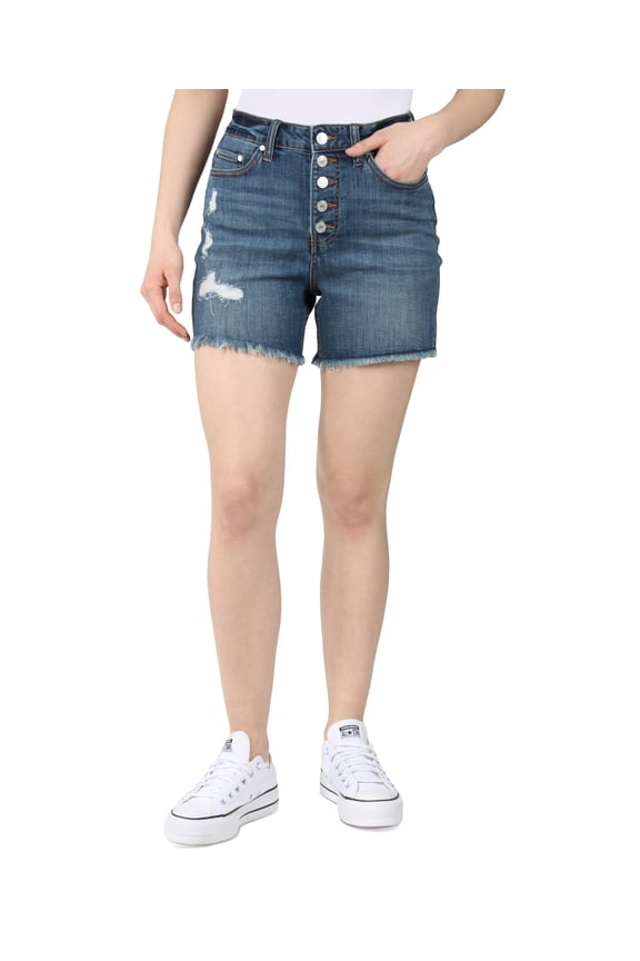 Juniors' Exposed-Button Fly Jean Shorts Dark Blue 0