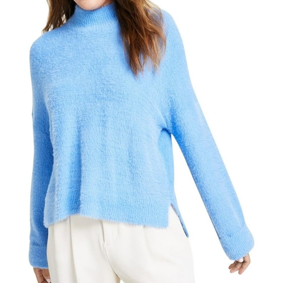 Hippie Rose Womens Eyelash Mock Neck Cuffed Pullover Sweater, Blue, Juniors, Small