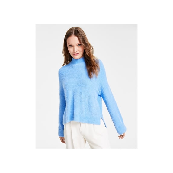 Juniors' Eyelash Mock-Neck Cuffed Sweater Alaskan Blue XS