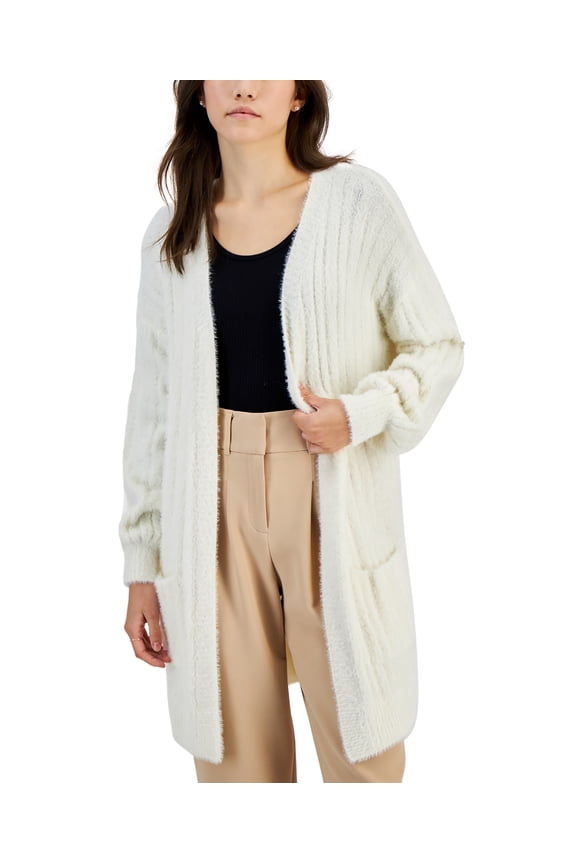 Juniors' Eyelash Ribbed Open-Front Cardigan Blizzard White XS